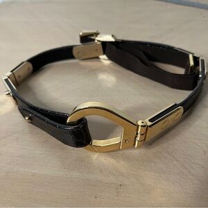 Suzi Roher Dark Brown Leather Belt with Gold-Tone Hardware Links Buckle Size L